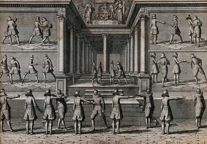 view Men fencing. Engraving by Scheltus a Bolswaert.