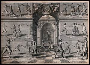 view Men fencing. Engraving by Scheltus a Bolswert.