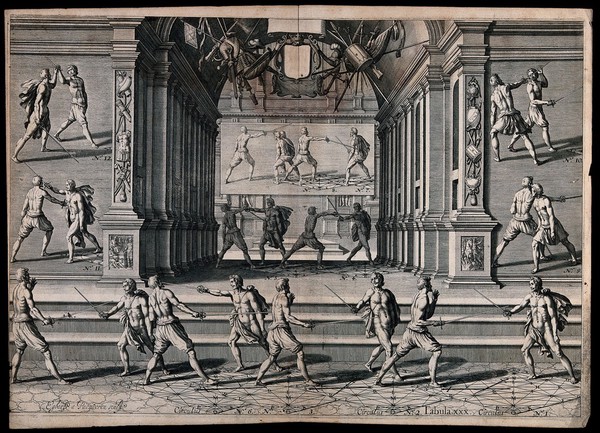 Men fencing. Engraving by Egbert van Paenderen.