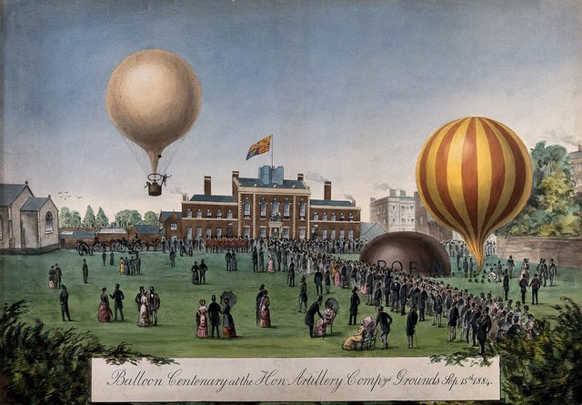 Crowds gather at the parade ground of the Honourable Artillery Company to watch two hot-air balloons. Gouache.