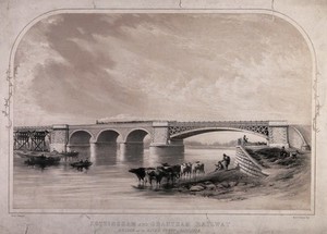 view The Radcliffe Viaduct, Radcliffe on Trent, Nottinghamshire: a locomotive passing over the River Trent, and cattle drinking in the river. Lithograph by George Childs.