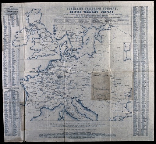 A map showing some of the chief telegraph stations in Britain and Europe. Engraving