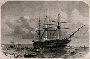 view The ship Agamemnon at anchor off Greenwich before setting off to lay the telegraph cable across the Atlantic from Ireland to Canada. Wood engraving by F.J. Smyth, 1857, after E. Weedon.