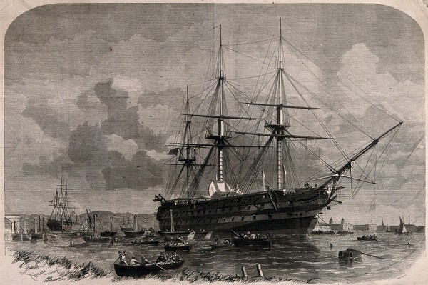 The ship Agamemnon at anchor off Greenwich before setting off to lay the telegraph cable across the Atlantic from Ireland to Canada. Wood engraving by F.J. Smyth, 1857, after E. Weedon.