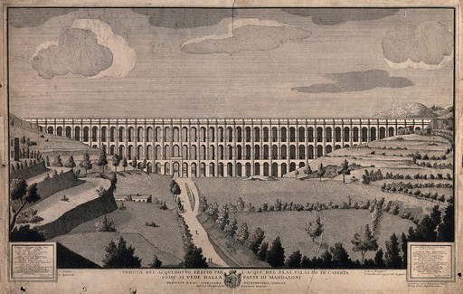 A large aqueduct with many arches stretches across the countryside. Engraving by Giovanni.