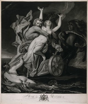 view Pluto in a chariot snatches Proserpine away from her companions. Mezzotint by J.G. Huck, 1804, after J. Amigoni.