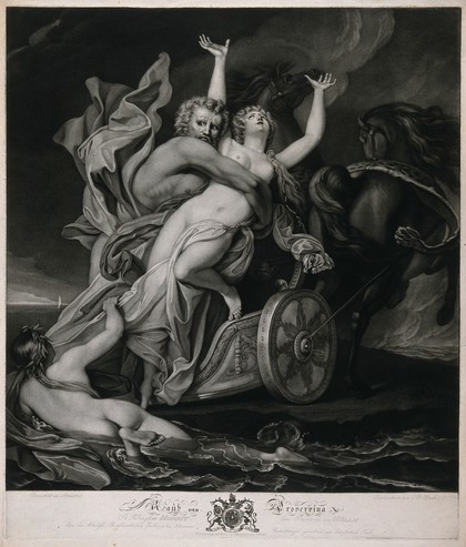 Pluto in a chariot snatches Proserpine away from her companions. Mezzotint by J.G. Huck, 1804, after J. Amigoni.