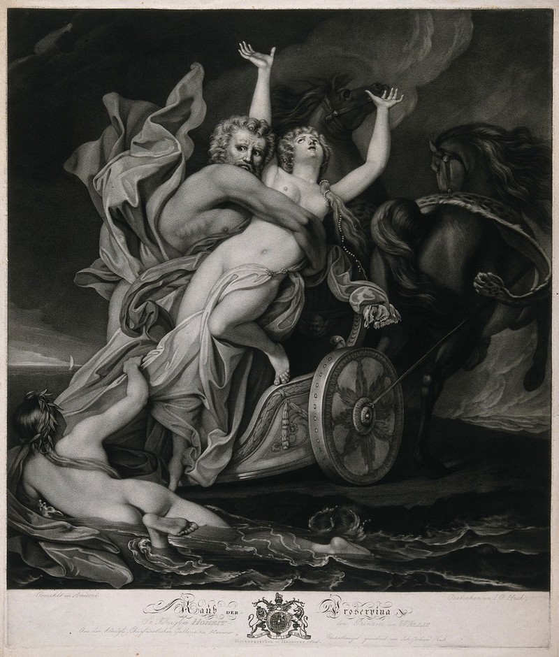 Pluto in a chariot snatches Proserpine away from her companions. Mezzotint by J.G. Huck, 1804, after J. Amigoni., 1804, by Jacopo Amigoni