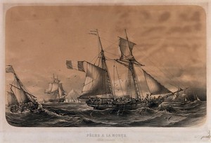 view A cod fishing fleet off the coast of Iceland. Tinted lithograph by Le Breton.