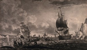 view Men are fishing for whale in small boats with harpoons; larger sailing ships are in the distance. Aquatint.