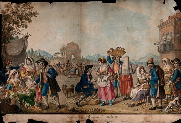 A street market in Foggia with traders selling their wares. Coloured engraving by L. Del Giudice.