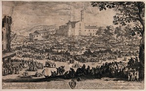 view Crowds of people are in an open area at Impruneta, Tuscany, buying goods from stalls set under awnings. Etching by Jacques Callot.