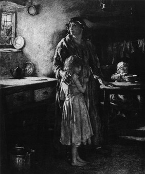 A woman is standing in a kitchen with her arm around a child, a baby is sitting at the table with a bowl. Etching by C.A. Waltner after Frank Holl.