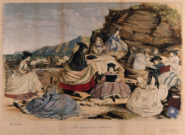 Women visiting a beach to enjoy geological collecting, study, sewing and other worthy activities. Chromolithograph after John Leech, 1865.