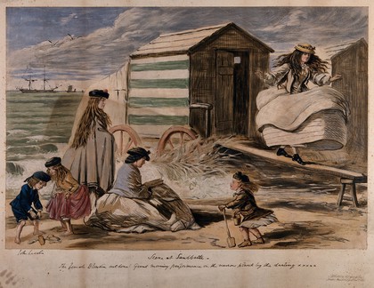 A young woman is walking along a plank near a beach hut as another reads a book and the children play in the sand. Chromolithograph after John Leech, 1865.