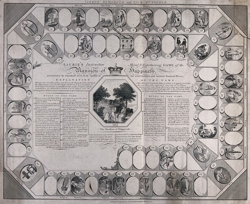 A layout for a board game, with the rules of the game. Engraving.