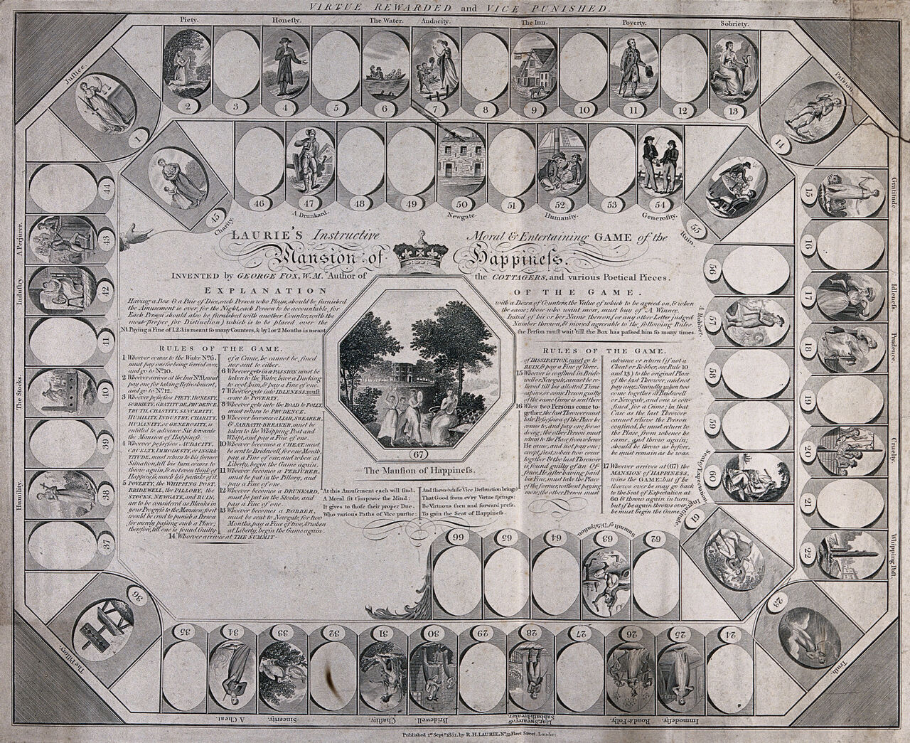 A board game leading to the mansion of happiness, with the rules of the game. Engraving., 1st Sepr. 1851, by George Fox