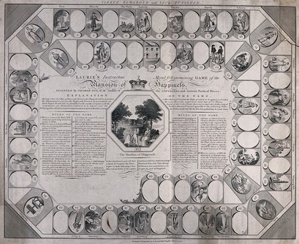 A board game leading to the mansion of happiness, with the rules of the game. Engraving.