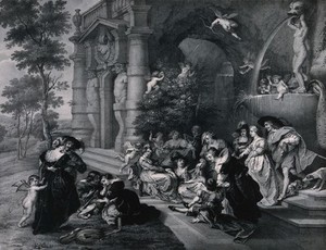 view Men, women and children are playing and sitting on the grass near a fountain in a park. Lithograph after P.P. Rubens.