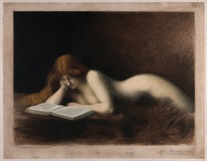 view A woman with long red hair is lying down reading a book. Coloured mezzotint by C.R. Thévenin after J.J. Henner.