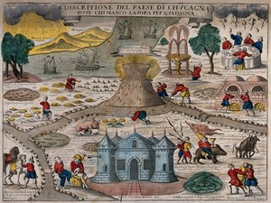 view The land of Cockaigne: a castle, volcano and ships with people riding horses and boar and others playing musical instruments. Coloured engraving.