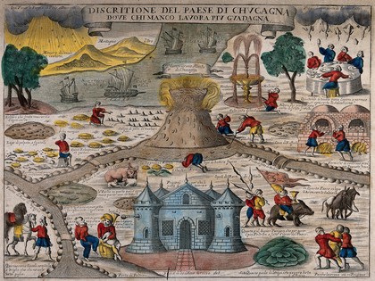 The land of Cockaigne: a castle, volcano and ships with people riding horses and boar and others playing musical instruments. Coloured engraving.