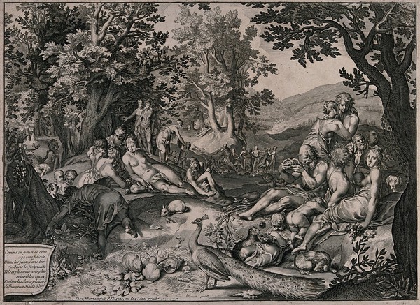 The golden age: men, women and children are playing and enjoying themselves in a grassy, wooded area. Engraving after Abraham Bloemaert.