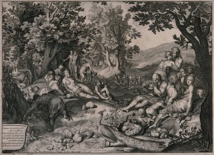 view The golden age: men, women and children are playing and enjoying themselves in a grassy, wooded area. Engraving after Abraham Bloemaert.