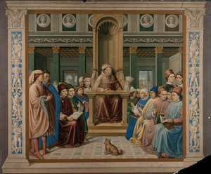 view Saint Augustine of Hippo, sated on a raised cathedra, lecturing on rhetoric in Milan. Chromolithograph by Storch & Kramer after Mariannecci after Benozzo Gozzoli.