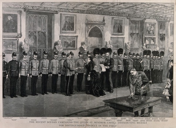 Queen Victoria is pinning a medal on to the uniform of a man standing in a line of soldiers. Wood engraving.