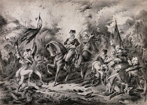 view A battle between British forces and the Continental American army: a man on a horse carrying a cutlass (George Washington?) is surrounded by other men, some carrying standards. Pencil and ink wash by H. Brueckner, 1874.