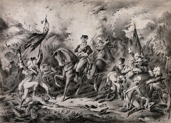 A battle between British forces and the Continental American army: a man on a horse carrying a cutlass (George Washington?) is surrounded by other men, some carrying standards. Pencil and ink wash by H. Brueckner, 1874.