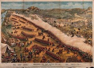 view Battle of Omdurman, Sudan: troops are massing and engaging in battle next to the River Nile.. Chromolithograph by A. Sutherland.