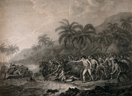The death of Captain Cook: men sail towards an island with palm trees, a man on shore fires a musket at a man coming towards him with crowds of men in loin cloths fighting them off. Engraving by W. Byrne after J. Webber.