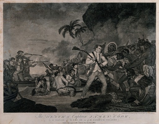 The death of Captain James Cook: a man is fighting off his attackers with the butt of a rifle, men in a boat behind him are firing rifles at those on shore. Engraving, 1794, by I. Hall and I. Thornthwaite and S. Smith after Garter.