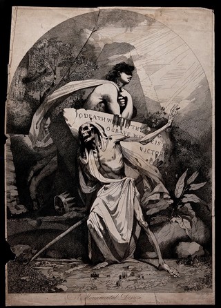 A man rises from behind a gravestone as a skeleton in a shroud attempts to keep it closed. Etching by J. Haynes after J. Mortimer.