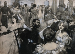 view A dance at Tampa, Florida: a man in uniform with young women in evening dress. Gouache by John Da Costa, 1898.