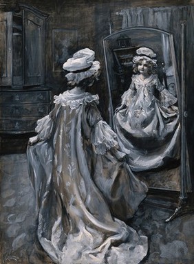 A girl dressed in a long dress and mob cap admiring herself in a long mirror. Gouache by John Da Costa.