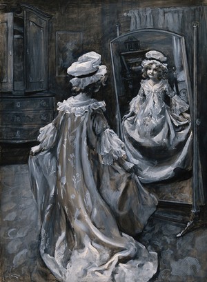 view A girl dressed in a long dress and mob cap admiring herself in a long mirror. Gouache by John Da Costa.