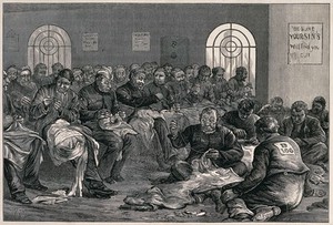 view Middlesex House of Correction: prisoners are sitting in a room sewing large pieces of cloth. Wood engraving by H.H. after M. Fitzgerald.