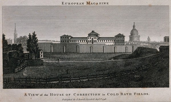 Coldbath Fields Prison, London: view from the north west to the south east, with St Paul's Cathedral beyond. Engraving, 1798.
