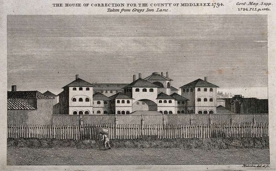 Middlesex House of Correction: surrounded by a high wall and a fence. Engraving by Malcolm after himself, 1796.