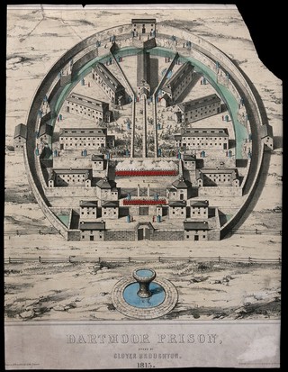 Dartmoor Prison seen from above: troops firing on American prisoners of war during an insurrection in April 1815. Coloured lithograph after Clover Broughton.