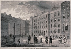 view The Fleet Prison, London: the courtyard, with prisoners playing racquets while others stand and talk. Wood engraving by Fleming after A.C. Pugin and T. Rowlandson.