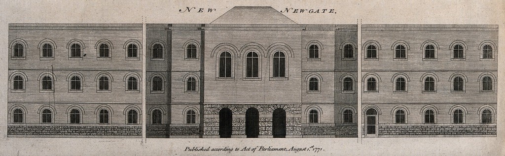 Newgate Gaol in the City of London: a long building with arches at the entrance and many windows. Engraving.