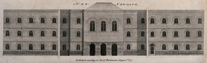 view Newgate Gaol in the City of London: a long building with arches at the entrance and many windows. Engraving.