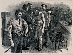 view Newgate Prison, London: a man's shirt is being laid over his shoulders by a prison warder after he has been flogged by a man with a cat o'nine tails. Wood engraving, 1872.