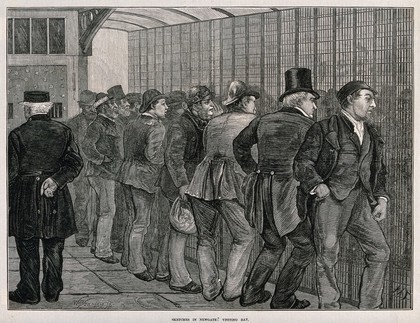 Newgate Prison, London: visitors talking to prisoners through a grill. Wood engraving by W.B. Gardner, 1873, after M. Fitzgerald.
