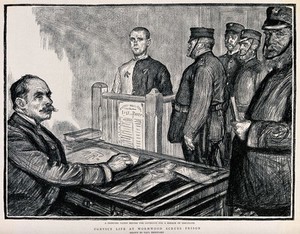 view Wormwood Scrubs Prison: a prisoner standing in a dock before the governor, in the presence of guards. Process print after Paul Renouard, 1889.