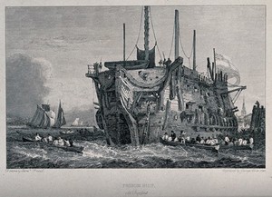 view A prison ship in the River Thames at Deptford: rowing boats convey prisoners between land and the ship. Engraving by George Cooke after Samuel Prout.